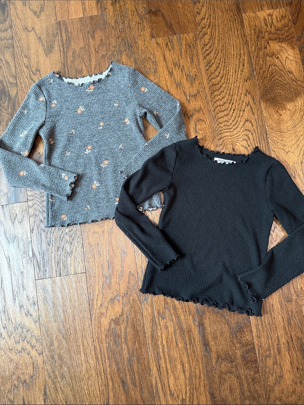 Old Navy Girls Long Sleeve Ribbed Tops - Gray Floral & Black size small 6-7
